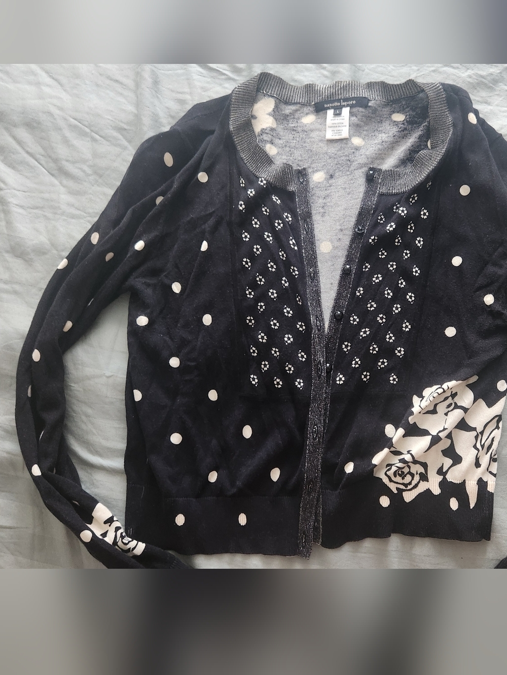Nanette Lepore Black & White Floral And Polka Dot Sweater